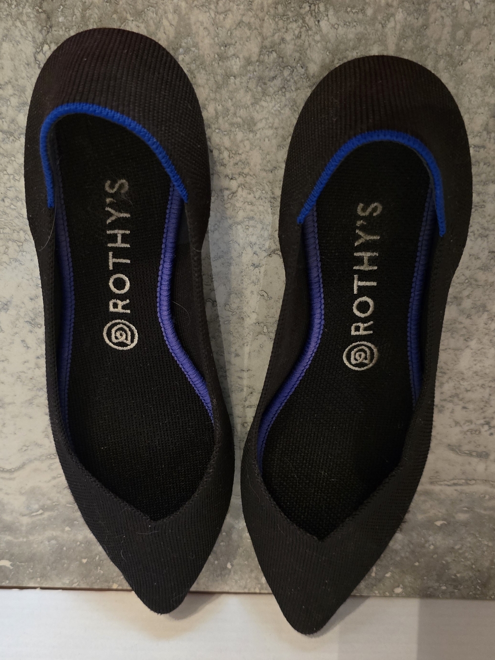 Rothy’s The Point Solid Black Knit Ballet Flats Blue Collar Trim Size 8.5